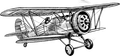 A black-and-white sketch of a vintage biplane viewed from a front-side angle.