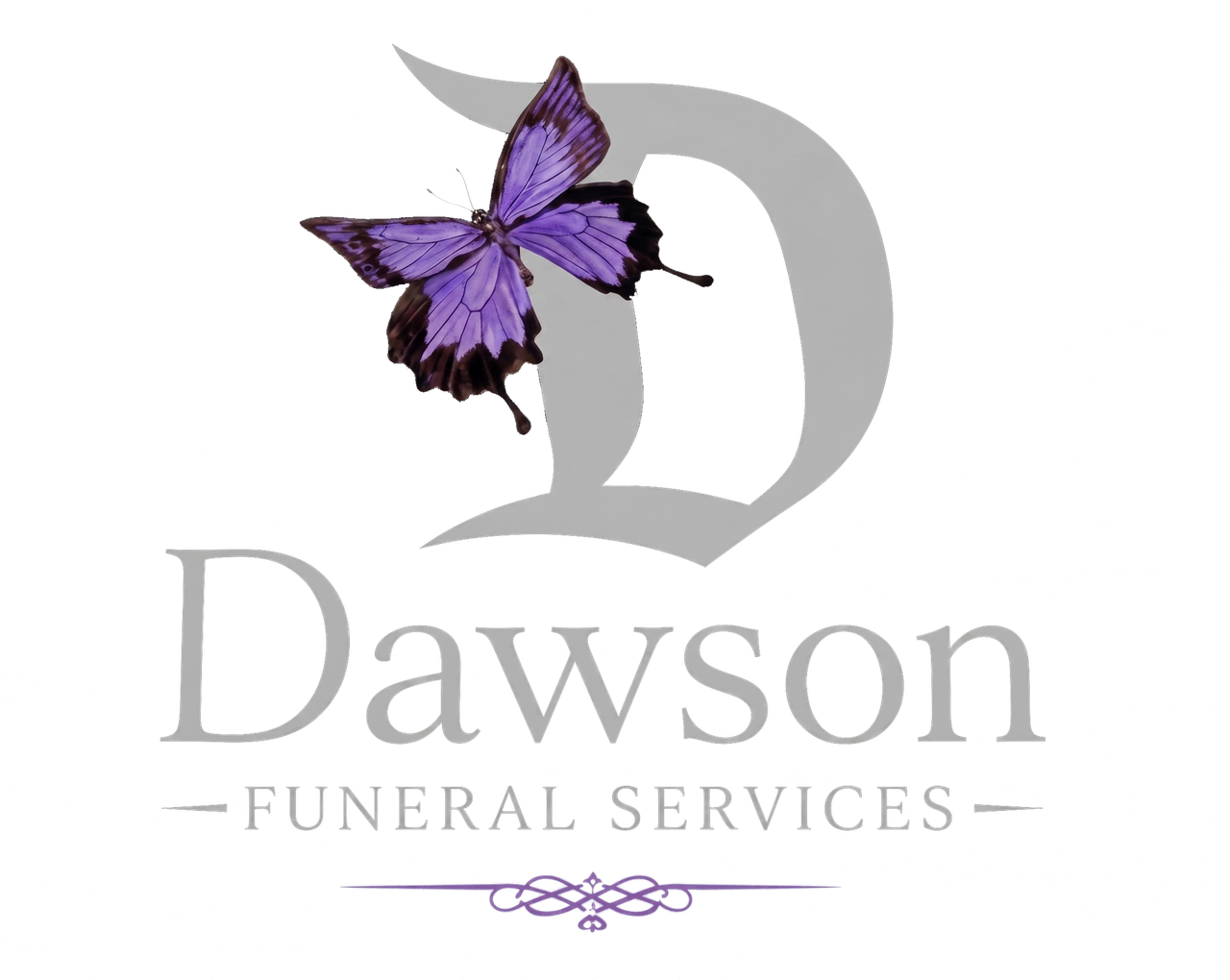 Dawson Funeral Services logo with a purple butterfly on a gray &ldquo;D&rdquo; and decorative script text