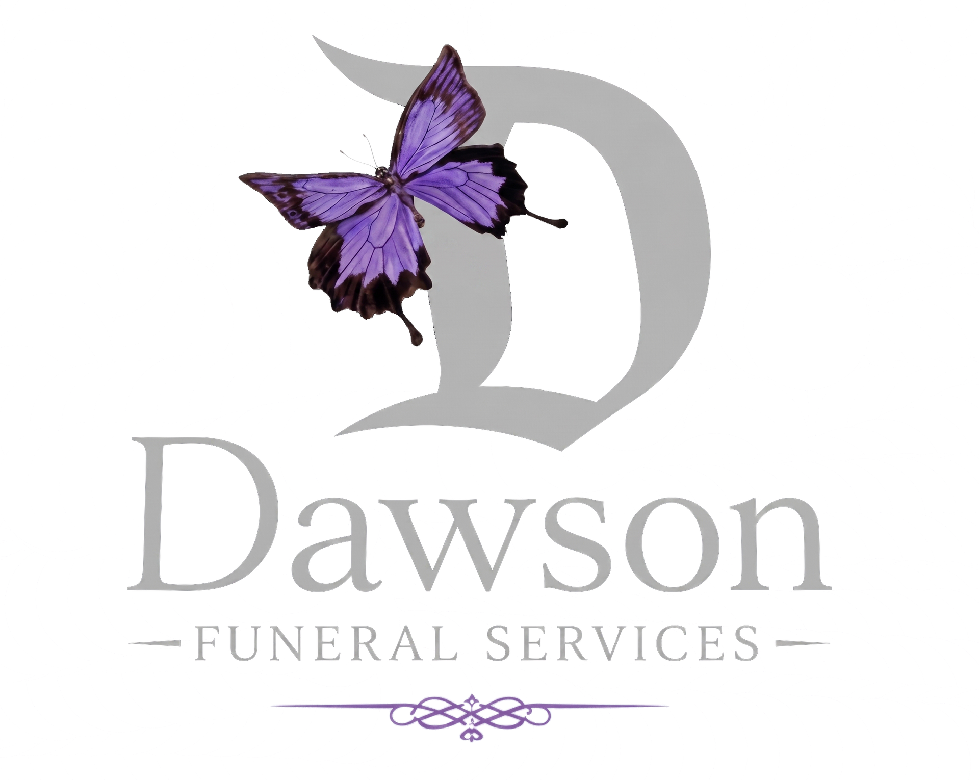 Dawson Funeral Services logo with a purple butterfly on a gray “D” and decorative script text