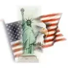 Statue of Liberty, American flag, and eagle in soft focus. Symbols of the USA.