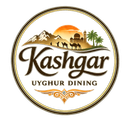 Kashgar Uyghur Dining logo with mountains, mosque, palm trees, and sunset in brown and orange