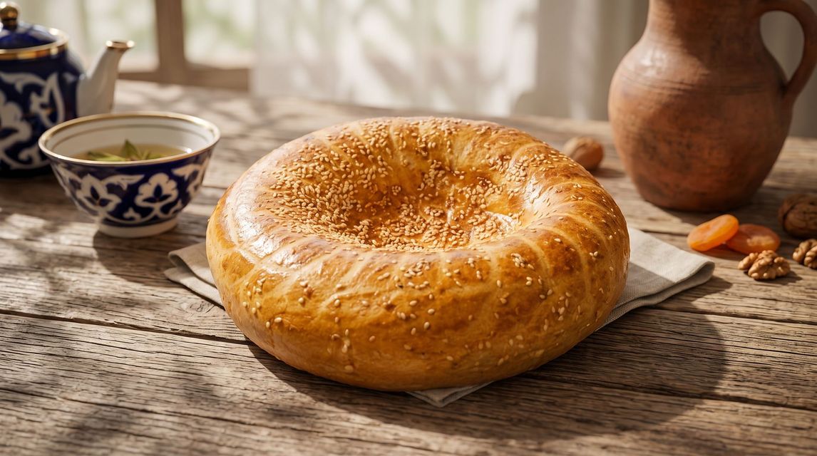 Golden round bread on a rustic wooden table with a teacup and clay pitcher nearby