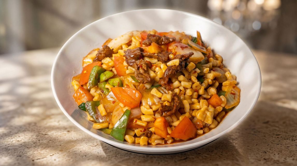 Bowl of mixed grain salad with orange vegetables and greens on a table outdoors
