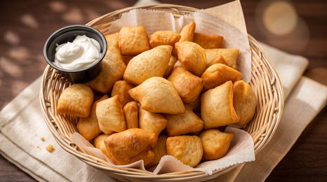 Basket of golden fried pastries with a small bowl of white dipping sauce