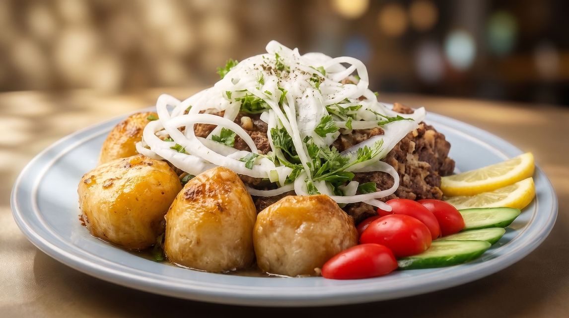 Plate of meatballs, noodles, cherry tomatoes, cucumber slices, and lemon wedges on a dining table