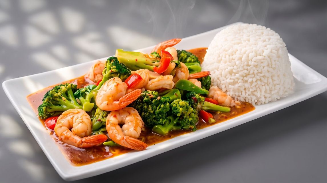 Plated shrimp and broccoli stir-fry with red sauce beside a mound of white rice