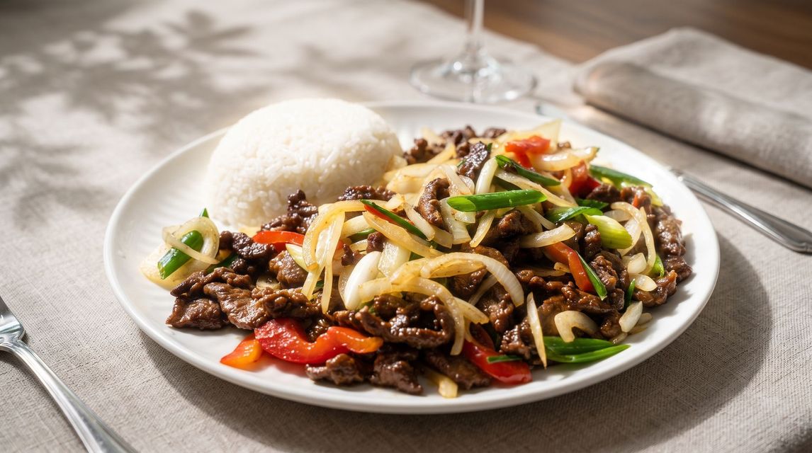 Plate of beef stir-fry with peppers and onions, served with a mound of white rice on a tablecloth