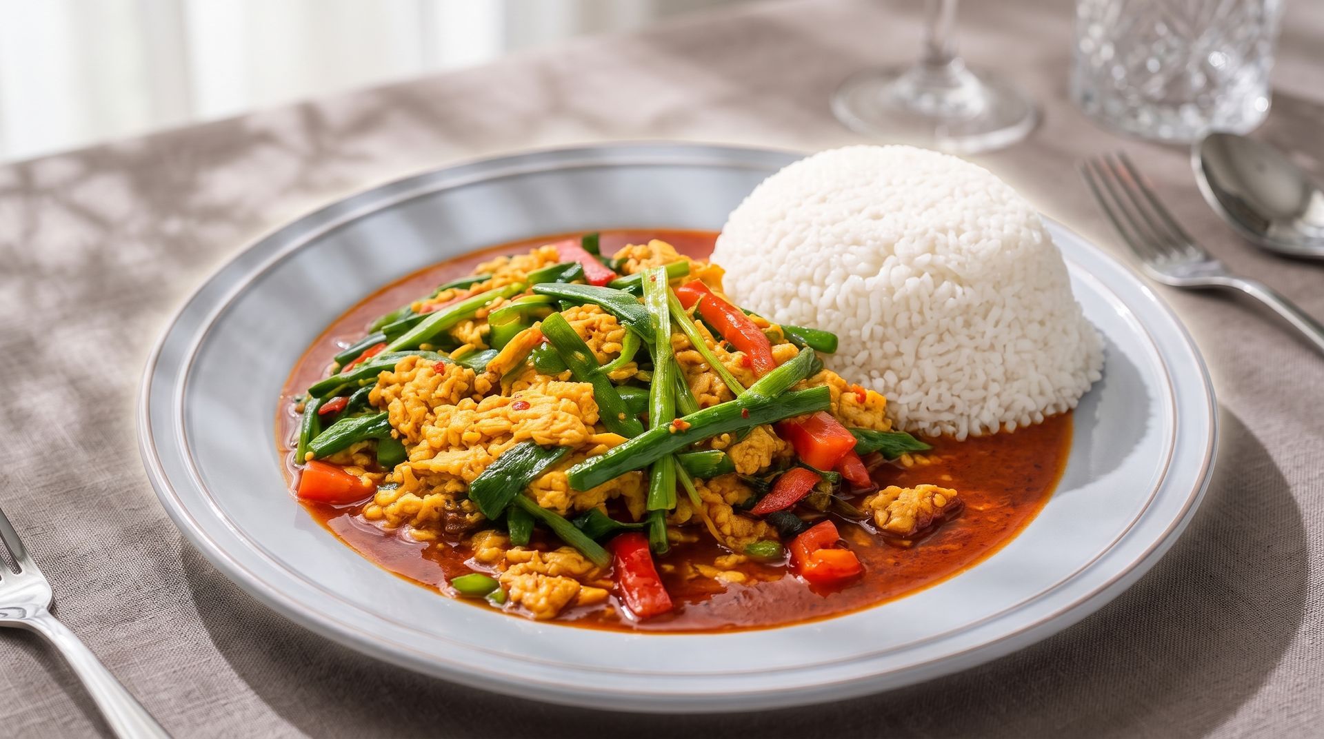 Plate of rice and spicy stir-fried vegetables in red sauce on a dining table