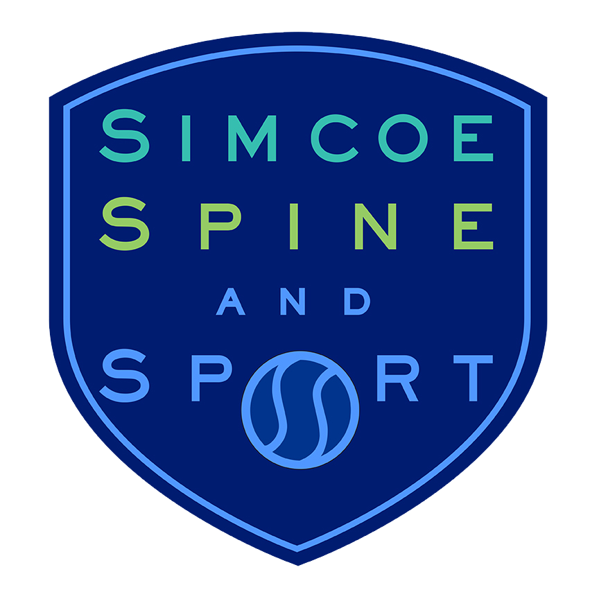 Simcoe Spline & Sport - A blue shield with the words simcoe spine and sport on it
