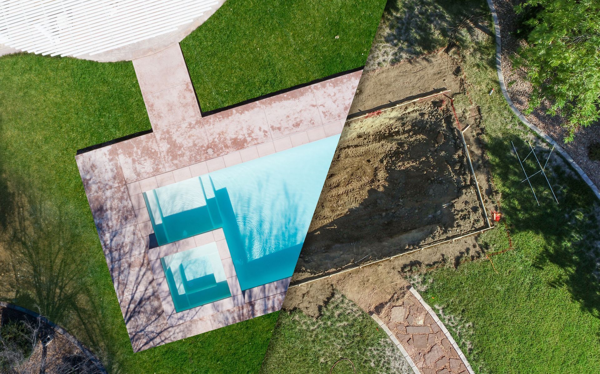 Aerial view of a swimming pool construction site. Half completed pool with turquoise water, surrounded by brick and grass. Aerial view of a swimming pool construction site. Half completed pool with turquoise water, surrounded by brick and grass.