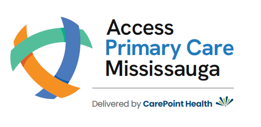 Logo for Access Primary Care Mississauga, delivered by CarePoint Health. Features abstract shape in orange, green, and blue.