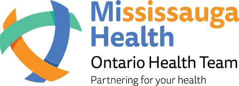 Logo of Mississauga Health Ontario Health Team with interwoven curves in blue, green, and orange.