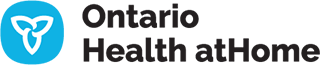 Ontario Health at Home logo. Blue circle with a white trillium symbol and text in black.