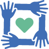 Blue hands frame a green heart, symbolizing support and care.