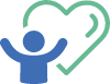 Blue figure with arms raised in front of green heart.