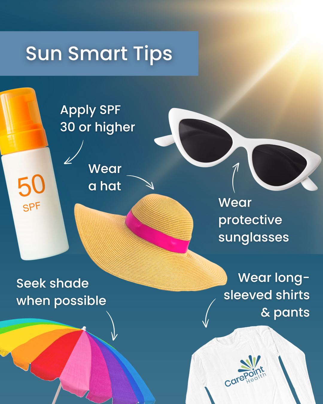 Infographic: Sun safety tips including SPF, hat, sunglasses, shade, and long sleeves.