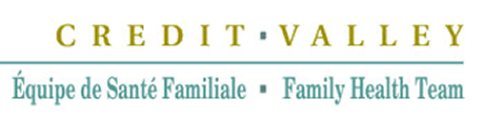 Credit Valley Family Health Team logo. Gold letters, teal underline. French and English text.