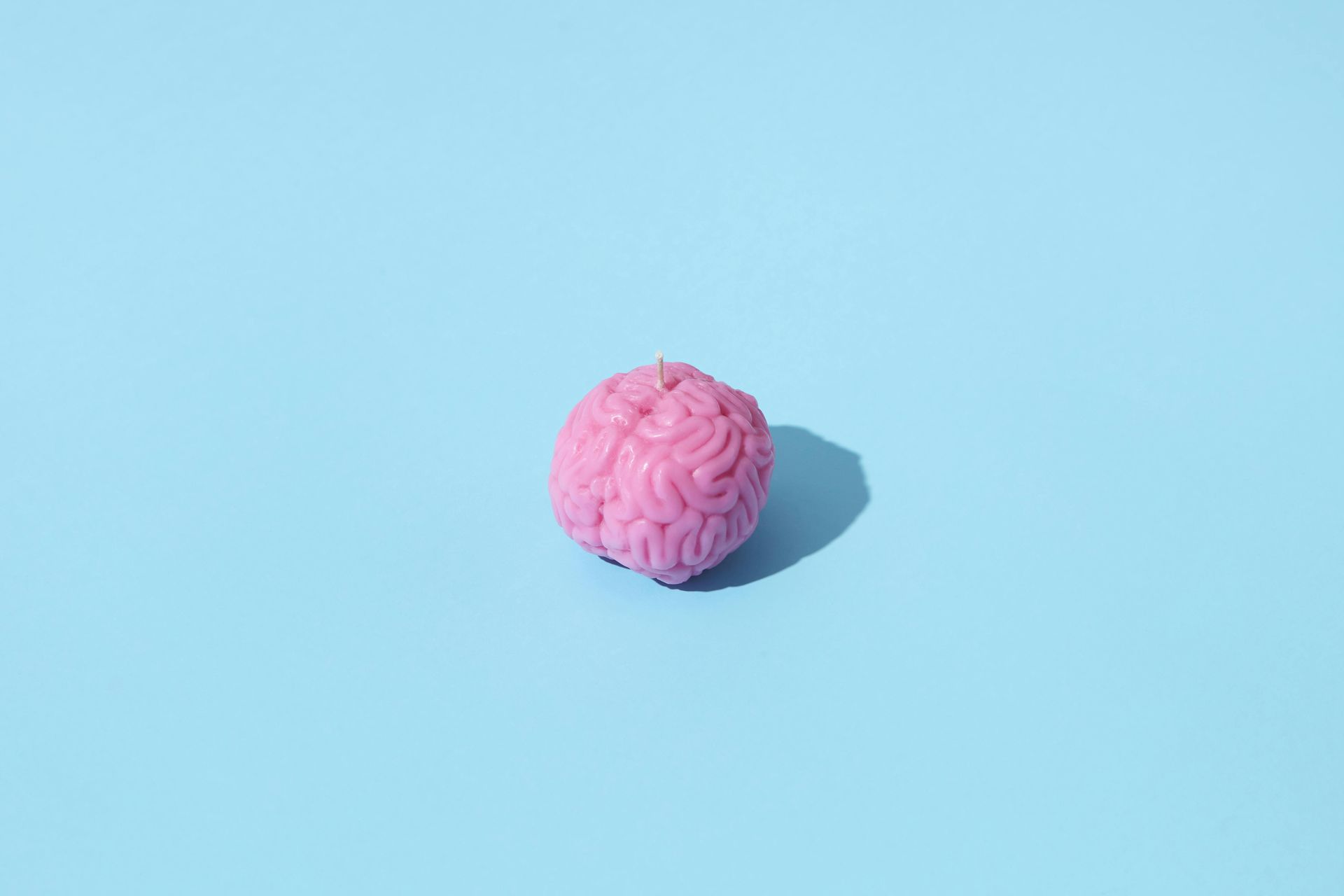 Pink brain toy on a light blue background.