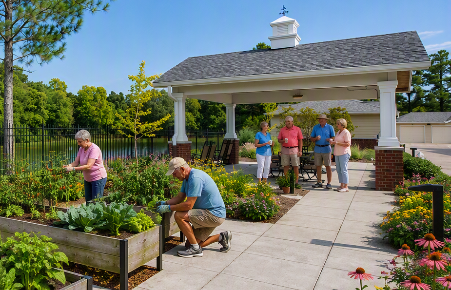 People gardening around a gazebo at a flower-filled community park