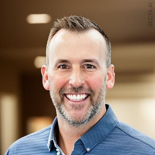 A man with a beard is smiling for the camera while wearing a blue shirt.