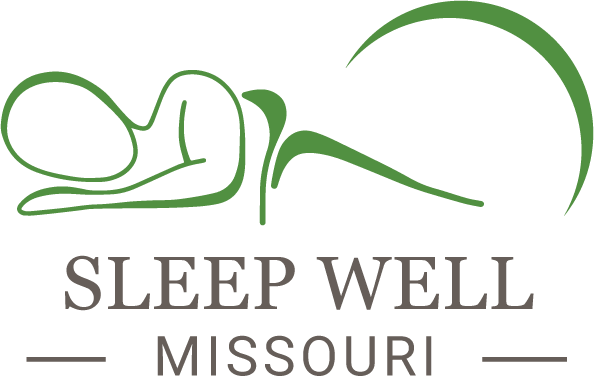 A logo for sleep well missouri shows a person sleeping on a pillow.
