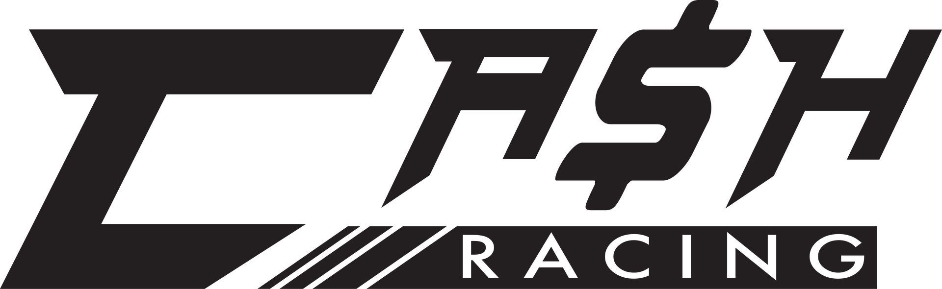 A black and white logo for trash racing on a white background.