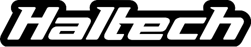 A black and white logo for haltech on a white background