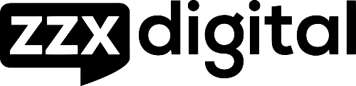 A black and white logo for zzx digital