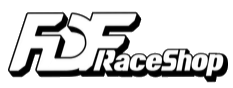 A black and white logo for a race shop on a white background.