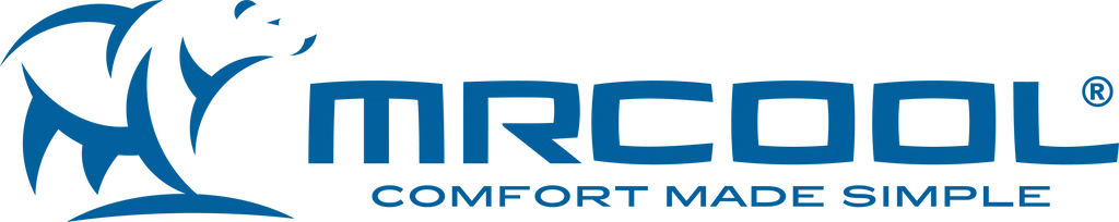 The mrcool logo is blue and white and says comfort made simple