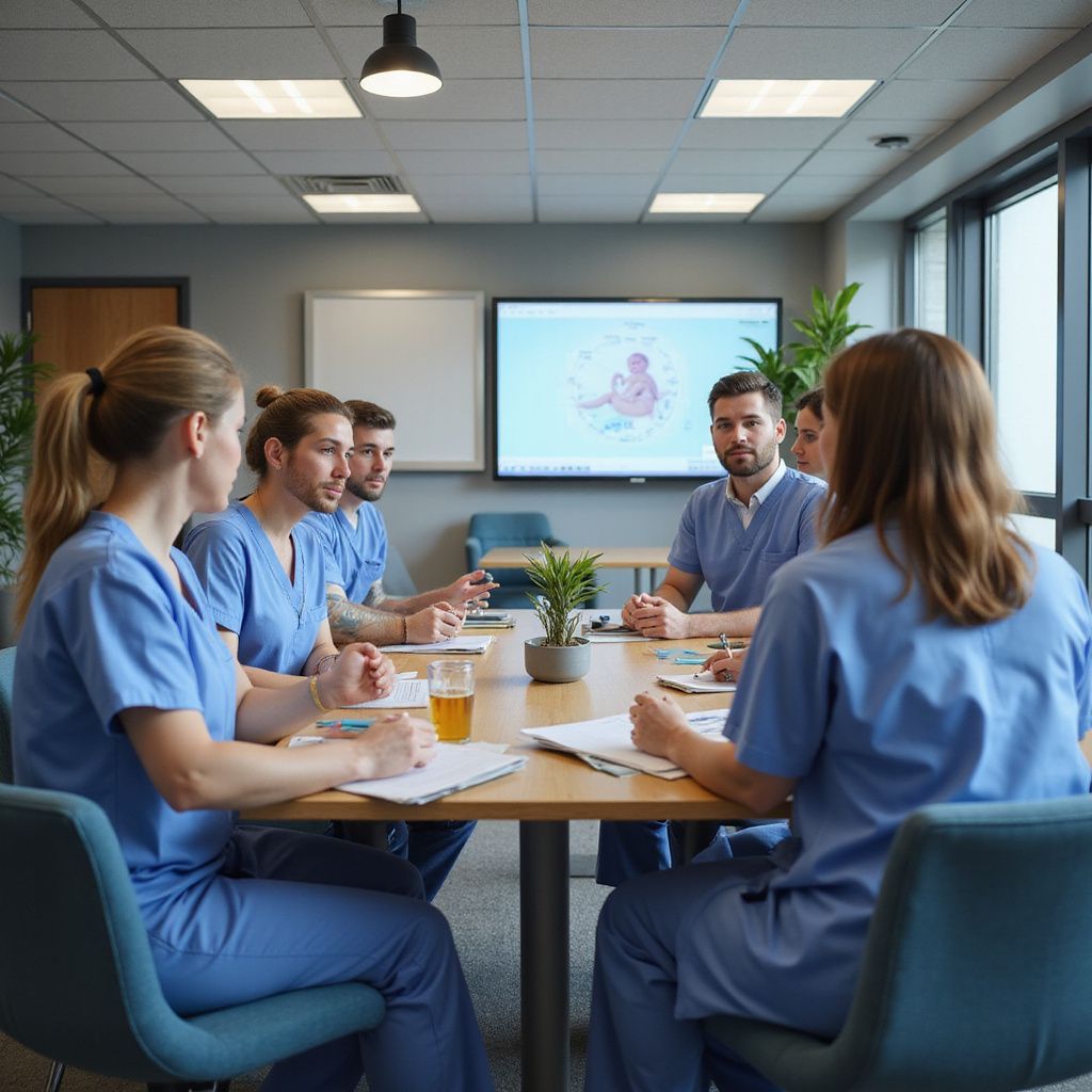 Medical team in blue scrubs discussing at a table, looking at a screen in a conference room.