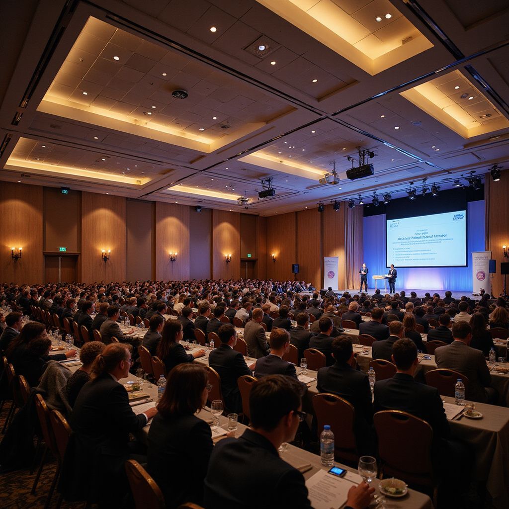 Large conference hall with a seated audience listening to presenters on stage.