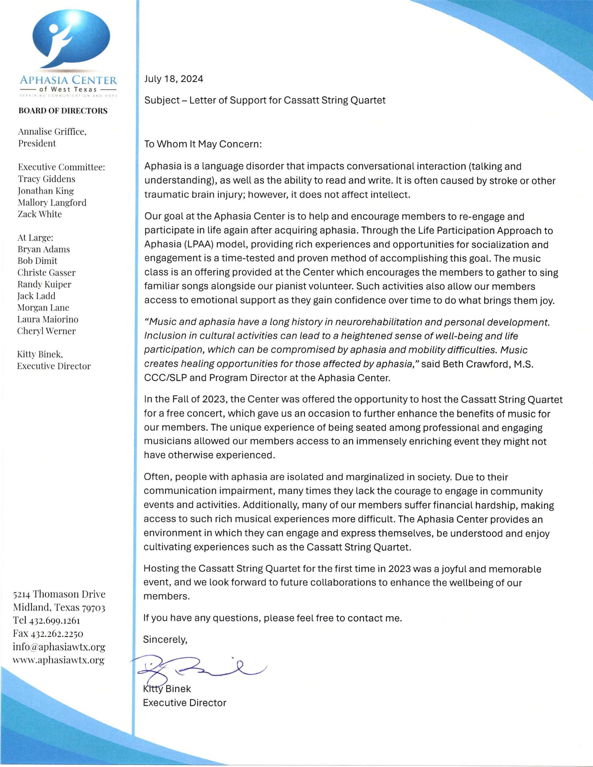 Letterhead of a healthcare organization with blue accents and text, along with a business letter in black font.