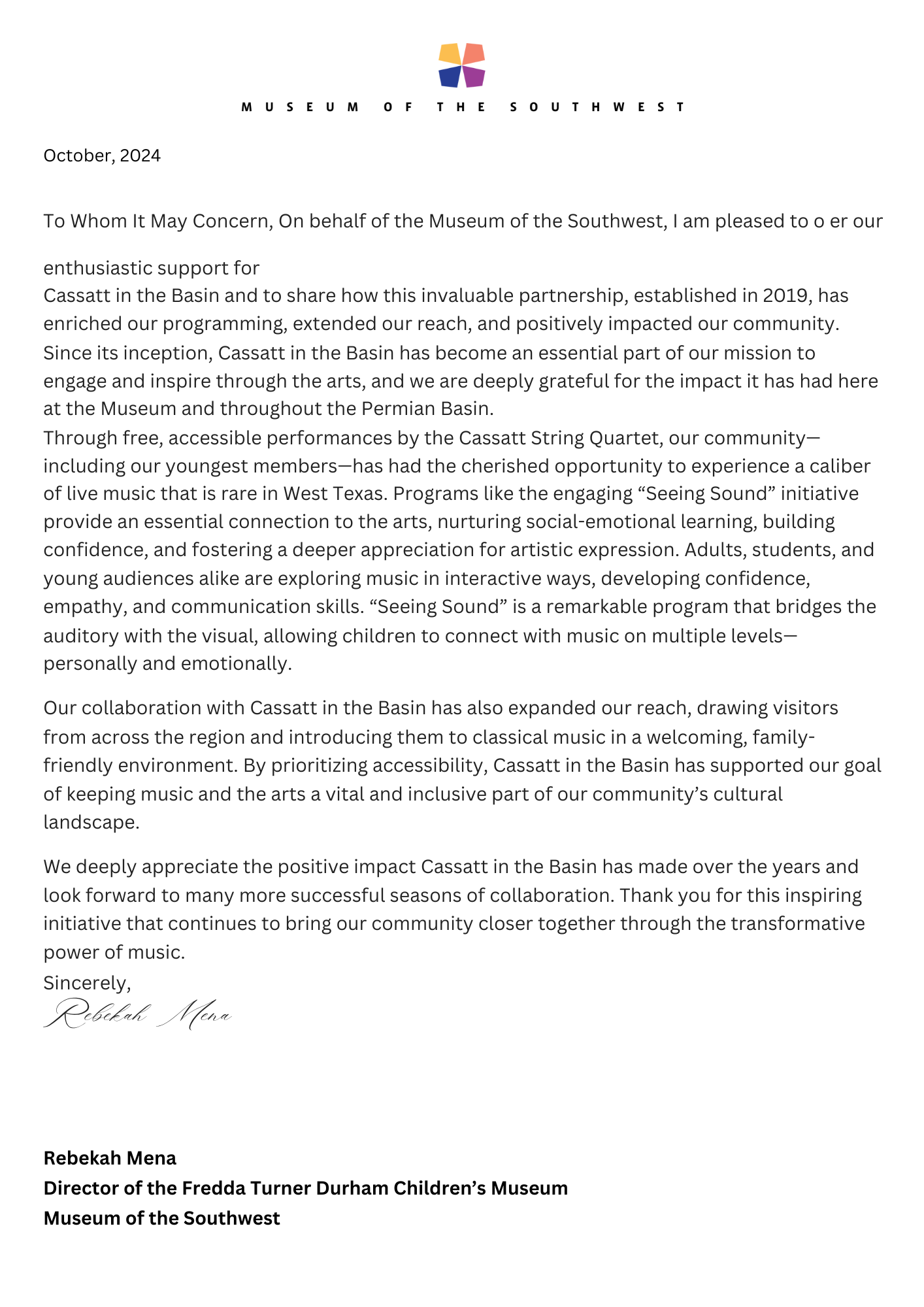 A letter from the Museum of the Southwest. Text on a white background.