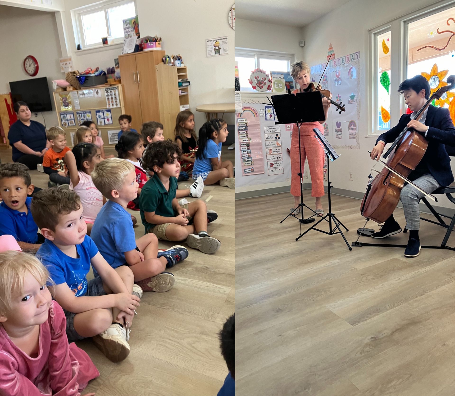 Children watch musicians play violin and cello indoors.