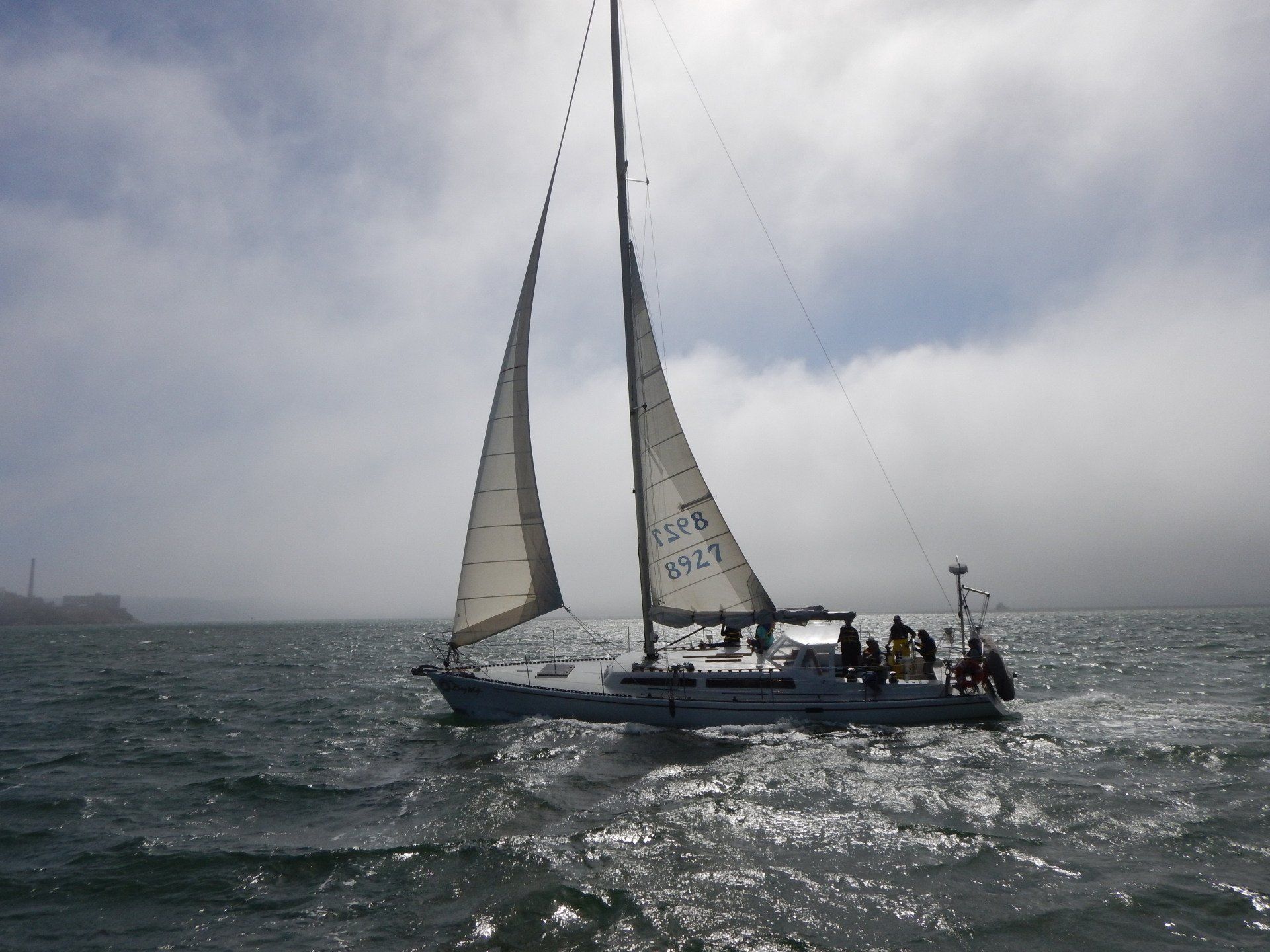 Bay Wolf sailing on a foggy day.