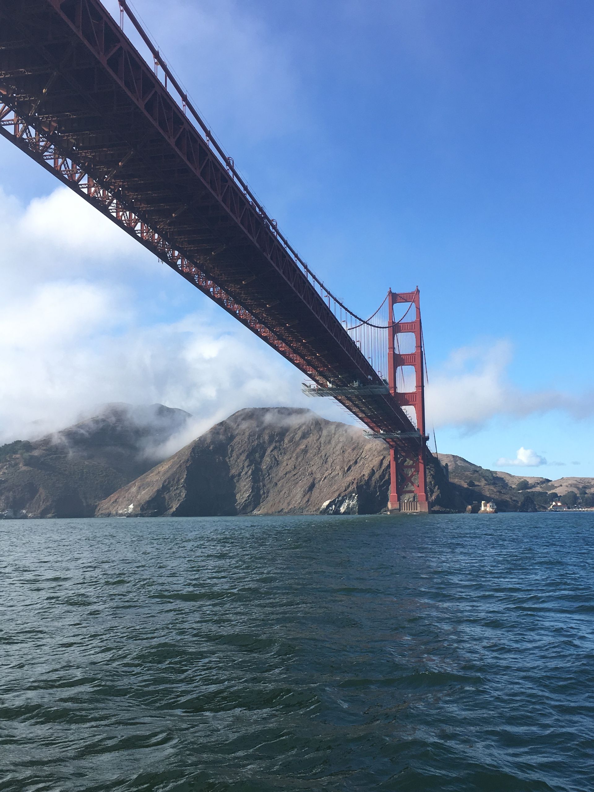 The Golden Gate Bridge as seen from the water.