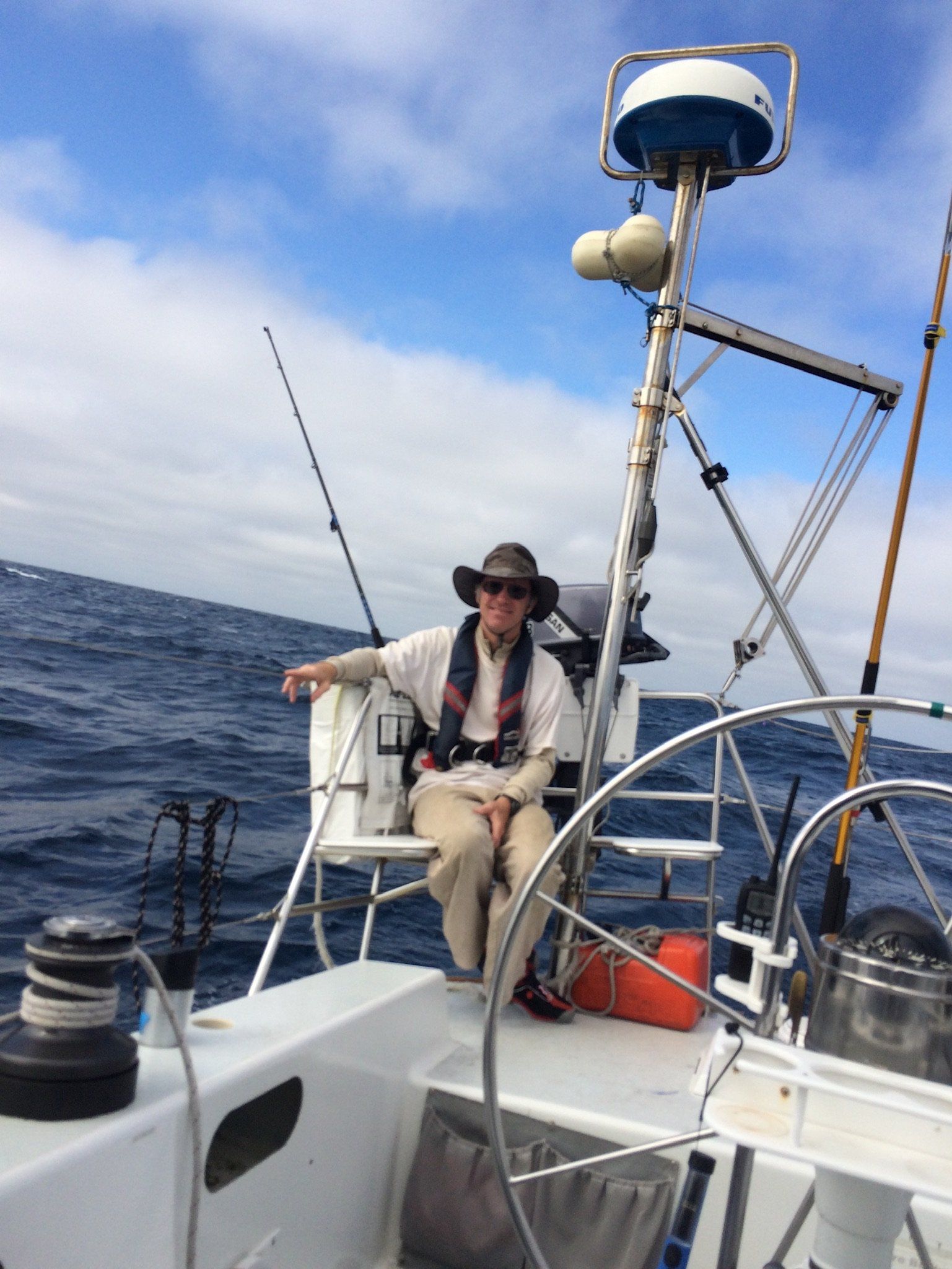 Sailing with the fog in the background.