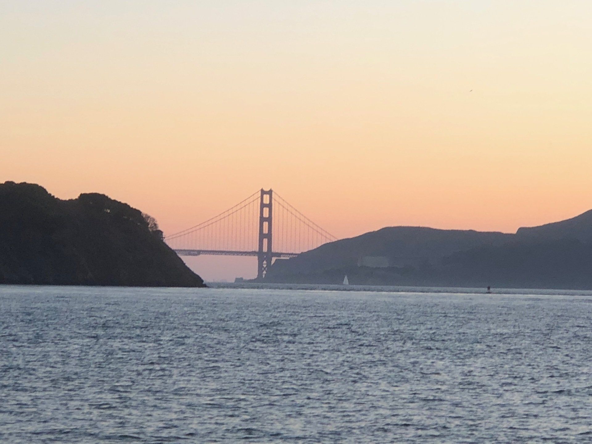 The Golden Gate Bridge at sunrise.