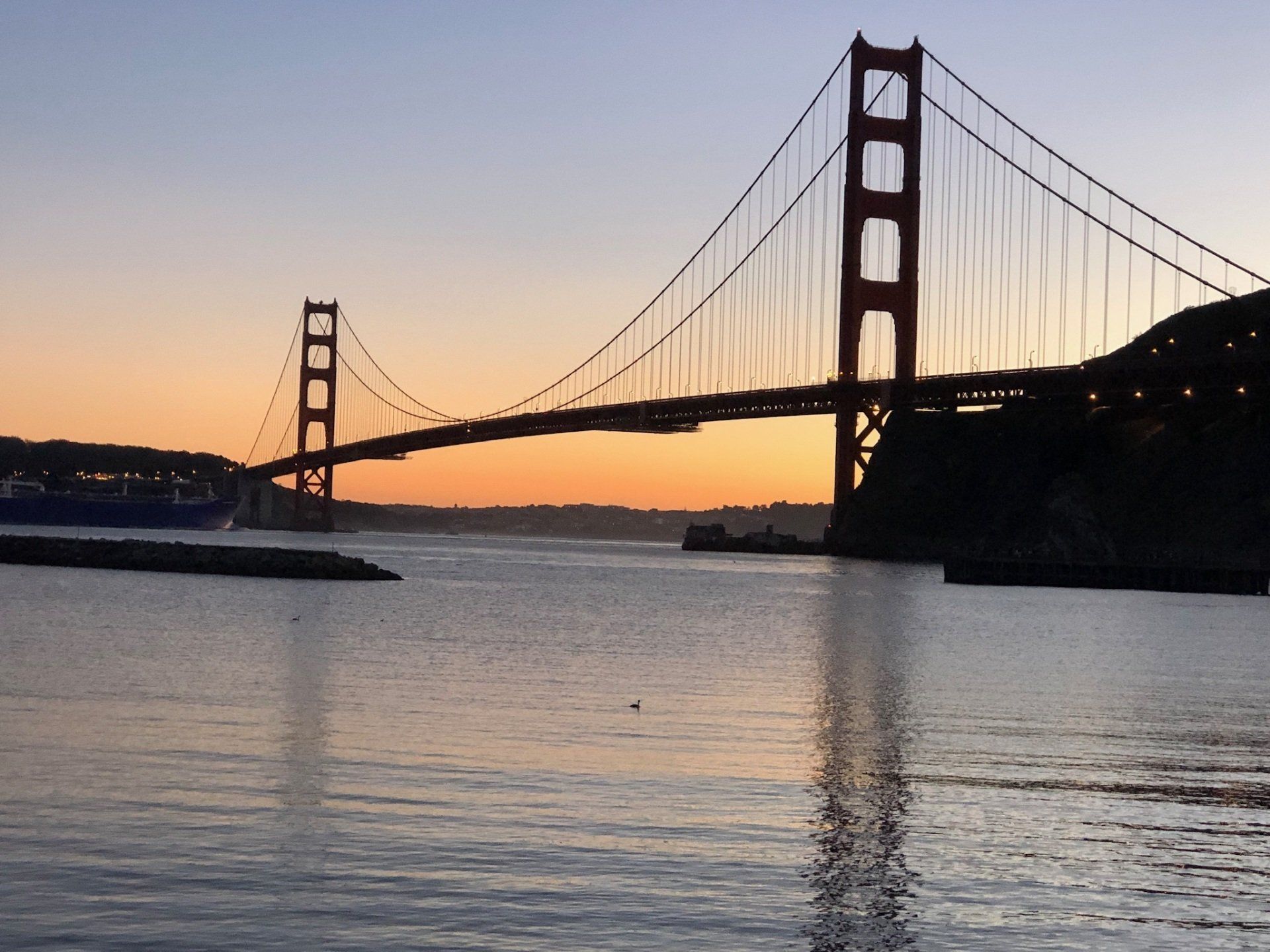 The sun setting behind the Golden Gate Bridge.