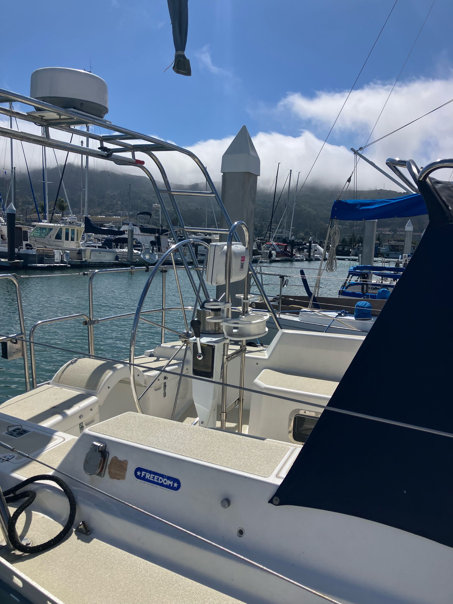 Cockpit and seating area of Mahalo.