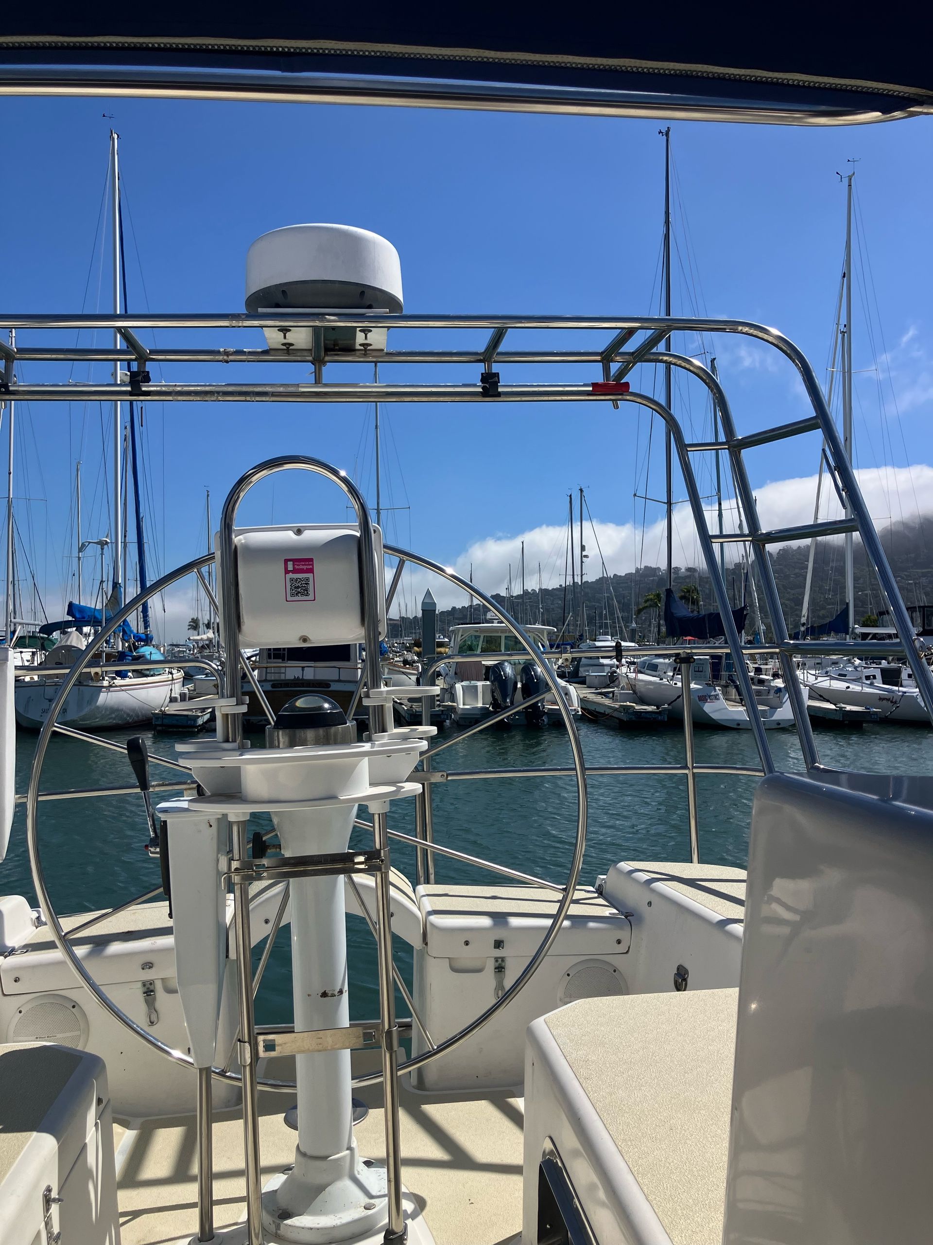Stern of Mahalo with the fog rolling over Sausalito.