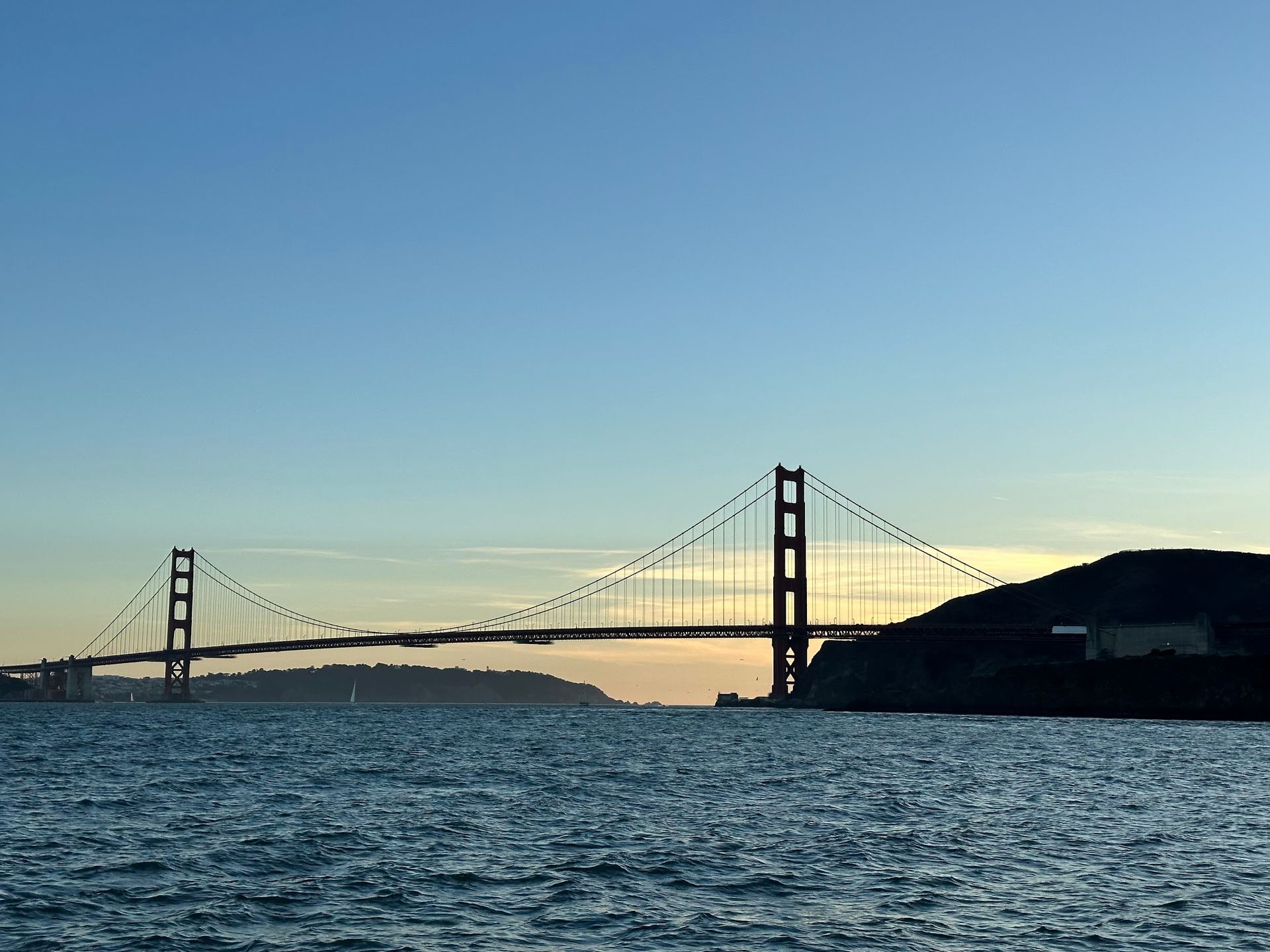The sun setting over the Golden Gate Bridge.