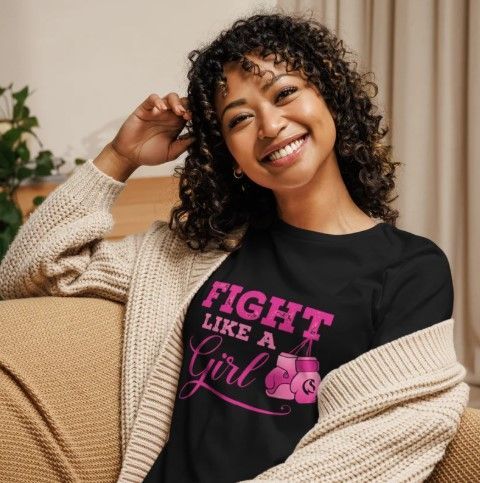 Woman in black t-shirt with 