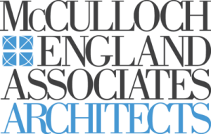 Logo for McCulloch England Associates Architects: Text in dark and light blue, with a square pattern icon.