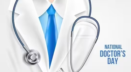 Doctor's coat, blue tie, and stethoscope, celebrating National Doctor's Day.