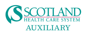 Logo for Scotland Health Care System Auxiliary in teal and white.