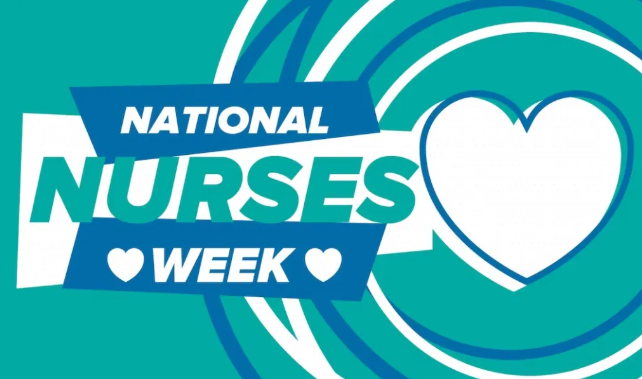 National Nurses Week graphic with teal, white, and blue design including a heart symbol.