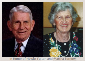Portraits of an elderly man and woman, both smiling. The man wears a suit, the woman a floral top.