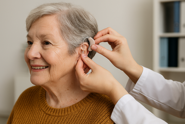 A person fitting a hearing aid on an older person's ear. Smiling in a light-filled room.